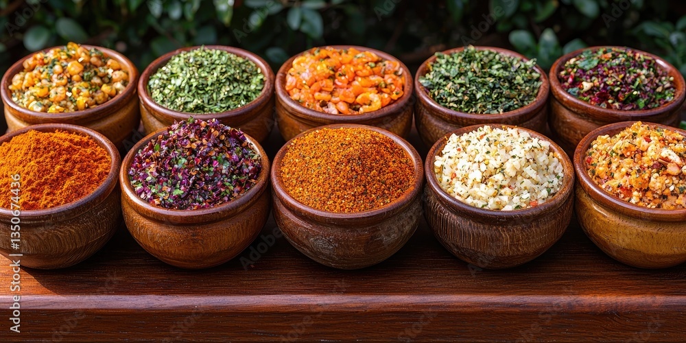 A display of colorful spices in wooden bowls, showcasing culinary diversity. A display of colorful spices in wooden bowls, showcasing culinary diversity.