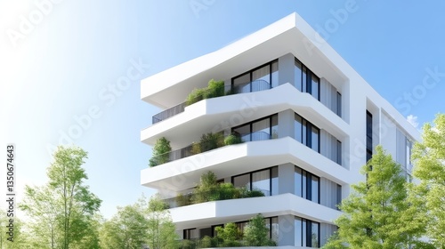 Modern apartment building with balconies and greenery.  Exterior view of a contemporary residential complex, showcasing multiple levels with spacious balconies and lush landscaping. 