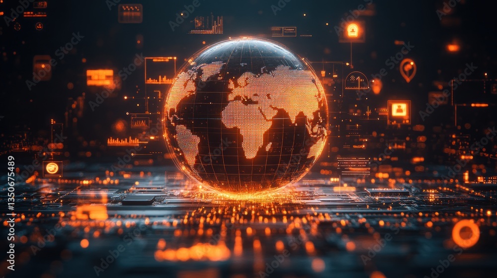 Global data network, digital earth, glowing circuit board background. Possible use Data visualization, technology Global data network, digital earth, glowing circuit board background. Possible use Data visualization, technology