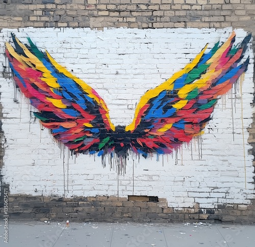 Graffiti style colorful angel wings painted on white city brick wall cancer wings