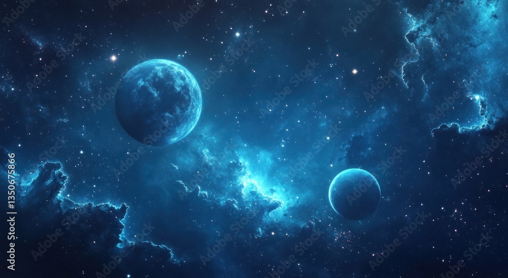 Fototapeta premium Two blue planets float amidst a starry and cloudy nebula