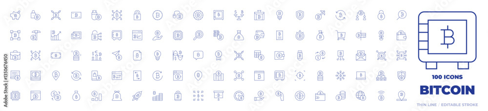 100 Bitcoin Icons Collection. Thin line icon. Editable stroke. world, blockchain, bitcoin, wallet, savings, pendrive, pay per click, briefcase, locker, searcher 100 Bitcoin Icons Collection. Thin line icon. Editable stroke. world, blockchain, bitcoin, wallet, savings, pendrive, pay per click, briefcase, locker, searcher