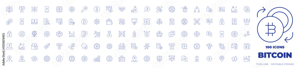 100 Bitcoin Icons Collection. Thin line icon. Editable stroke. payment, chip, credit card, exchange, padlock, talk, wallet, search, presentation, statistics, load 100 Bitcoin Icons Collection. Thin line icon. Editable stroke. payment, chip, credit card, exchange, padlock, talk, wallet, search, presentation, statistics, load