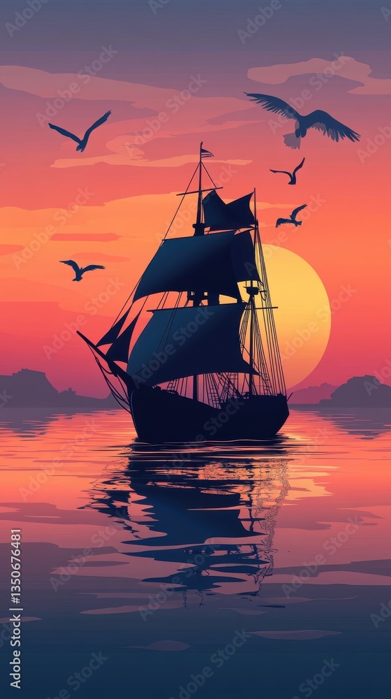 Obraz premium A sailboat sailing at dusk with some birds flying overhead