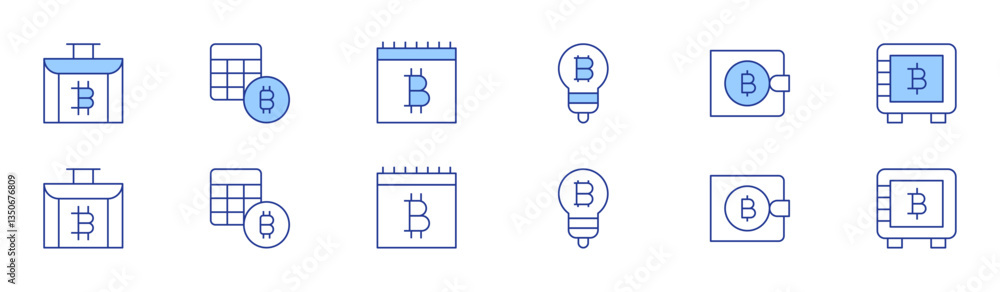 Bitcoin icon set in two styles, Duotone and Thin Line style. Editable stroke. briefcase, calculator, calendar, idea, wallet, safe box Bitcoin icon set in two styles, Duotone and Thin Line style. Editable stroke. briefcase, calculator, calendar, idea, wallet, safe box