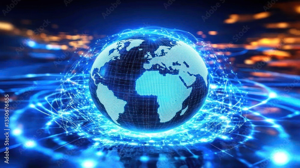Global Network Hologram Over Cityscape Global Network Hologram Over Cityscape