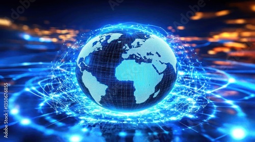 Global Network Hologram Over Cityscape