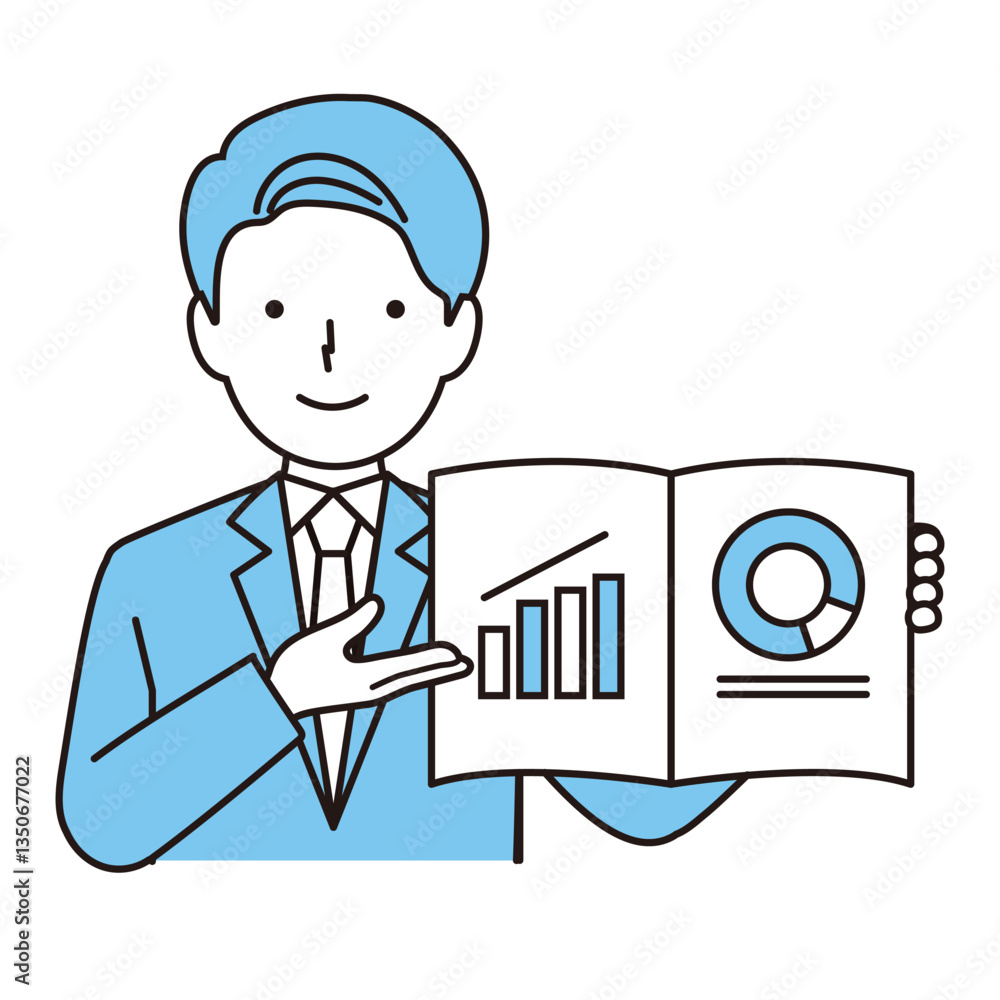 資料のデータを見せる男性