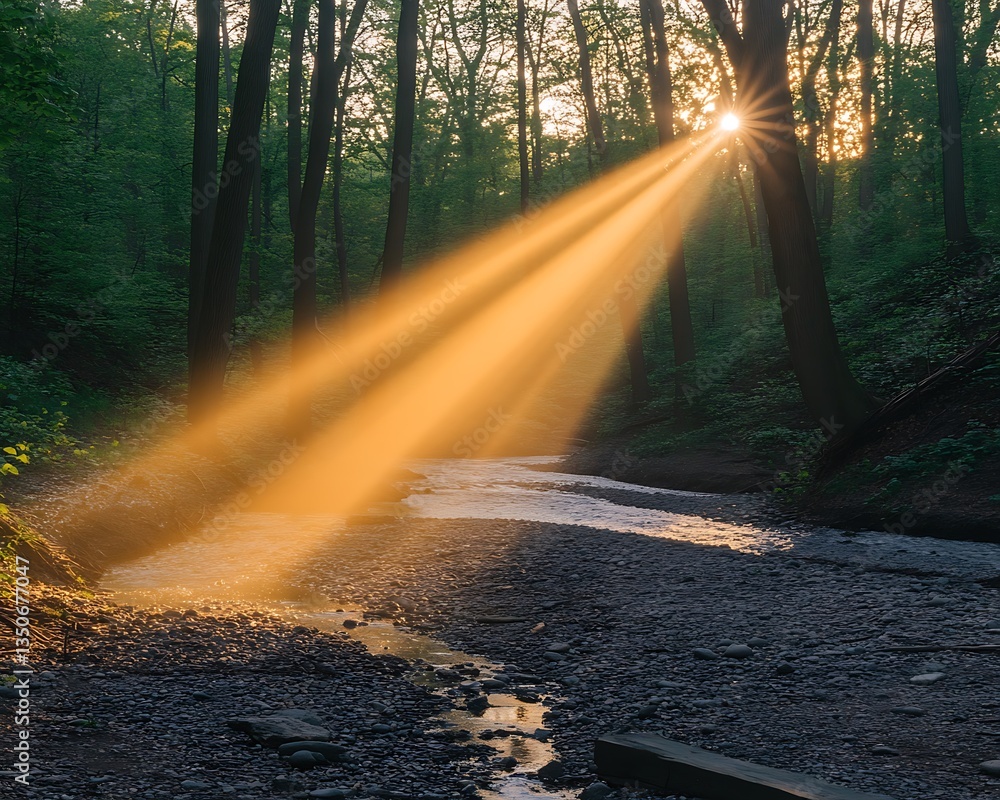 Obraz premium Sunlight streaming through forest trees over a tranquil flowing creek