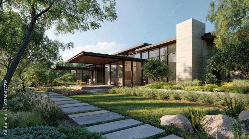 Modern house with landscaped garden and pathway. Modern house with landscaped garden and pathway.