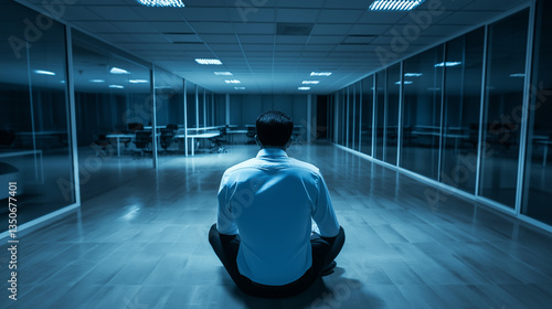 Man sitting alone in an empty office, gazing at an empty desk with a few personal items, symbolizing job loss and layoffs, conveying a sense of uncertainty and reflection.