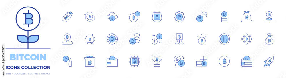 Bitcoin icons collection. Line Duotone style, editable stroke. usb flash drive, trophy, investor, chip, pay, money exchange, present, money bag, piggy bank Bitcoin icons collection. Line Duotone style, editable stroke. usb flash drive, trophy, investor, chip, pay, money exchange, present, money bag, piggy bank