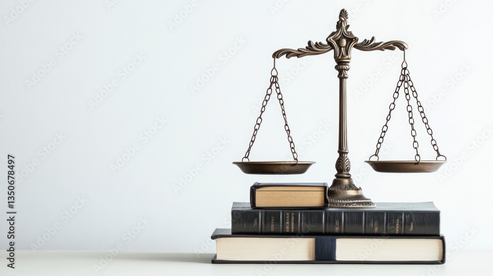 Justice scales atop legal books on white surface Justice scales atop legal books on white surface