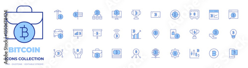 Bitcoin icons collection. Line Duotone style, editable stroke. payment, statistics, location, searcher, briefcase, reward, buy, trophy, safebox, cryptocurrency