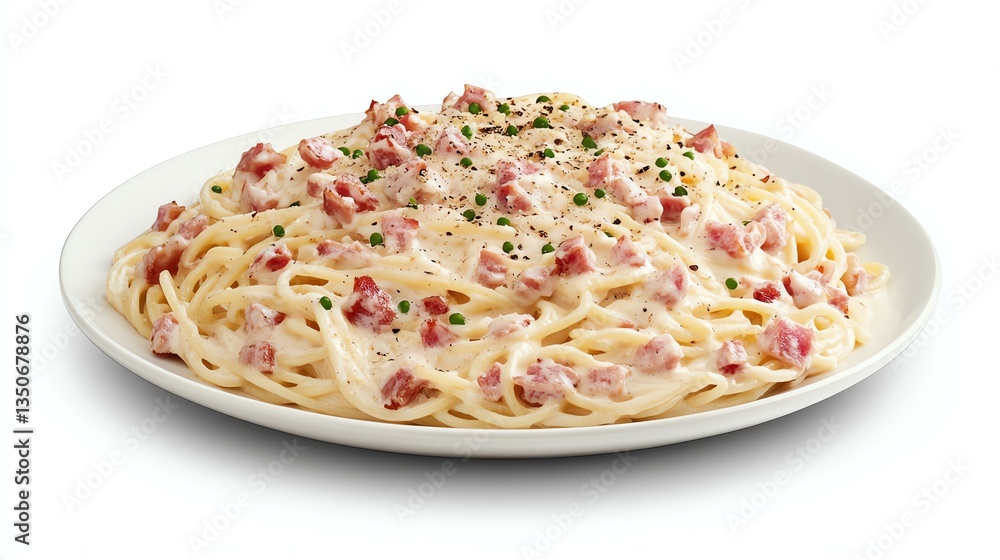 Creamy pasta with bacon in elegant presentation. Creamy pasta with bacon in elegant presentation.