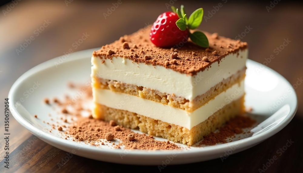 Elegant tiramisu portion, dusted cocoa, pristine white , culinary, food styling, ingredient Elegant tiramisu portion, dusted cocoa, pristine white , culinary, food styling, ingredient