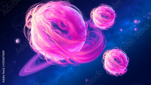 Abstract space scene featuring vibrant pink swirling planets with delicate, flowing textures against a starry cosmic backdrop. Futuristic and imaginative, perfect for sci-fi and fantasy themes.