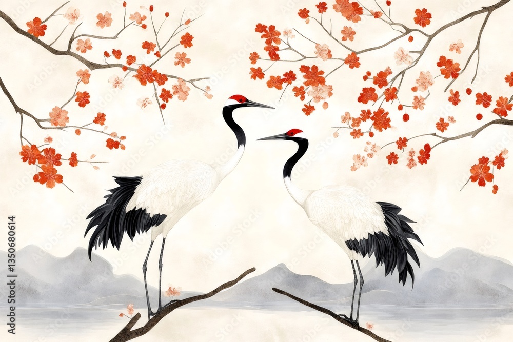 Fototapeta premium Red-crowned cranes standing on branch under blooming sakura tree