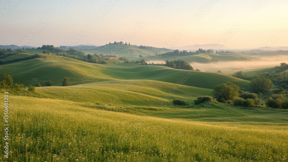 Obraz premium Sunrise Over Rolling Green Hills and Misty Valley