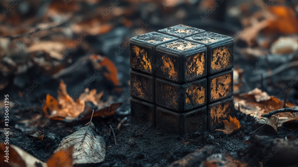 Obraz premium A weathered and aged cube sitting amidst fallen leaves on ground