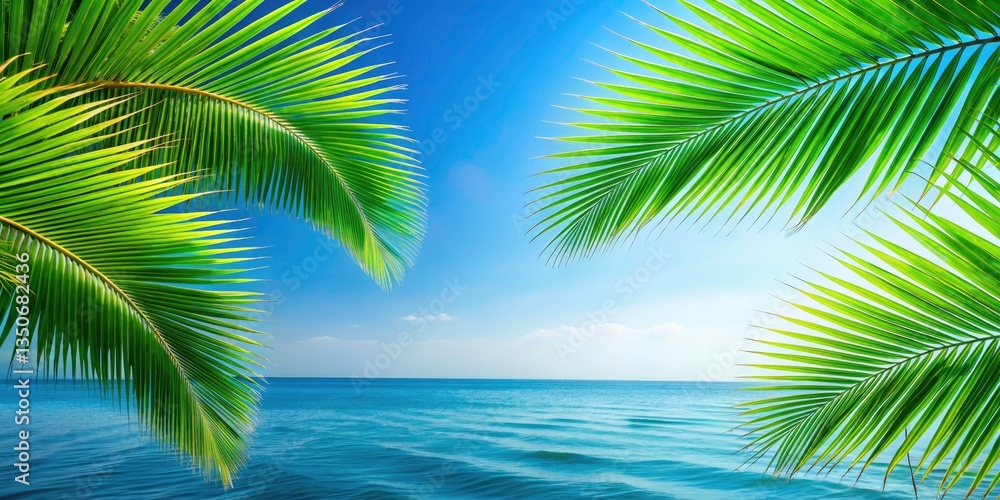 Fototapeta premium Tropical Paradise Wallpaper: Blue Sky, Green Palm Leaves, Ocean View