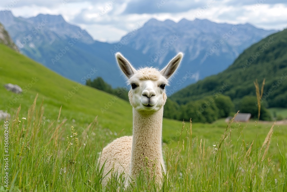 Obraz premium White alpaca grazing in a meadow in the mountains