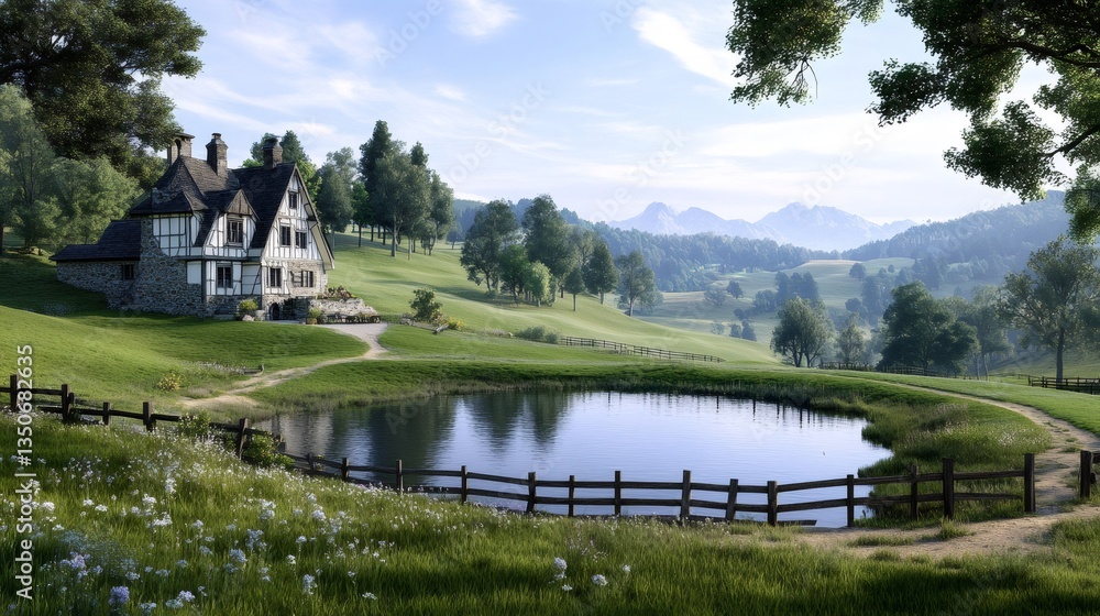 Obraz premium Idyllic countryside landscape with pond and house reflecting in water