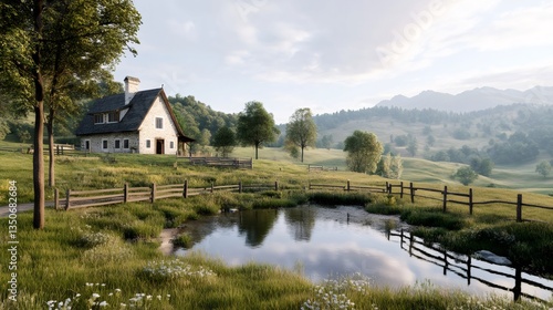 Wallpaper Mural Idyllic countryside landscape with pond reflecting farmhouse and mountains Torontodigital.ca