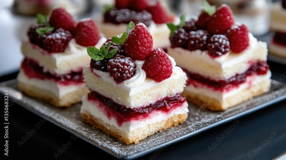 Square layered cakes adorned with fresh raspberries and blackberries, topped with whipped cream and dusted with powdered sugar, displayed on a silver platter Square layered cakes adorned with fresh raspberries and blackberries, topped with whipped cream and dusted with powdered sugar, displayed on a silver platter