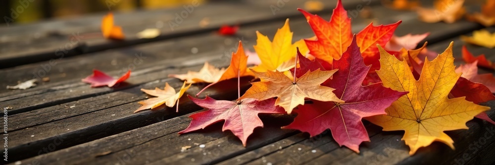 Pile of dried autumn leaves on a wooden surface, branches, foliage, natural Pile of dried autumn leaves on a wooden surface, branches, foliage, natural