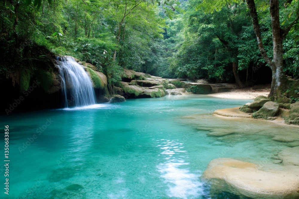 Fototapeta premium Beautiful Erawan waterfall cascading into turquoise pond in Kanchanaburi, Thailand