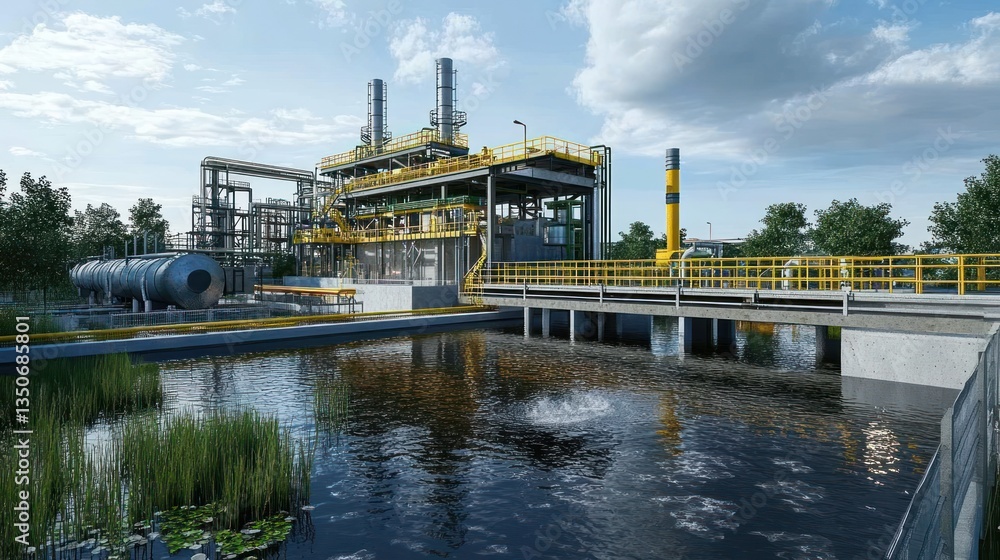 Fototapeta premium Modern industrial plant with water treatment system and green landscape.