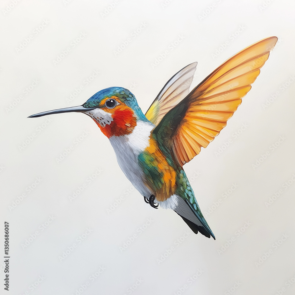 Fototapeta premium Hummingbird in Flight: A vibrant hummingbird, wings outstretched, showcases its iridescent plumage.