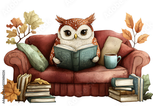 Wise Owl Enjoying a Book on Vintage Couch