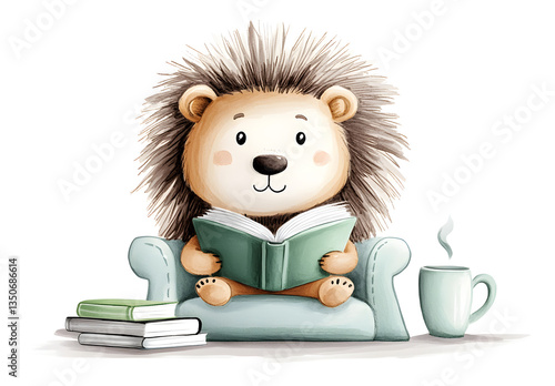 Senior Hedgehog Reading Book on Vintage Couch