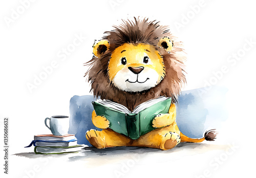 Senior Lion Engrossed in Vintage Book
