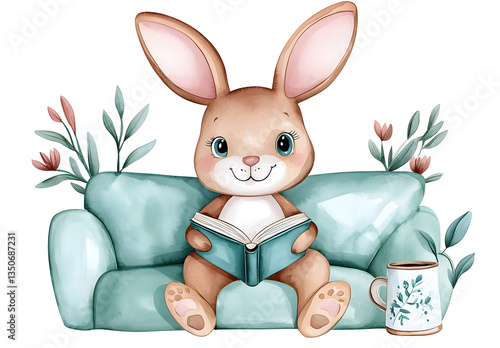 Vintage Rabbit Enjoying a Book on a Home Sofa