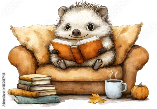 Senior Hedgehog Reading Book on Vintage Couch