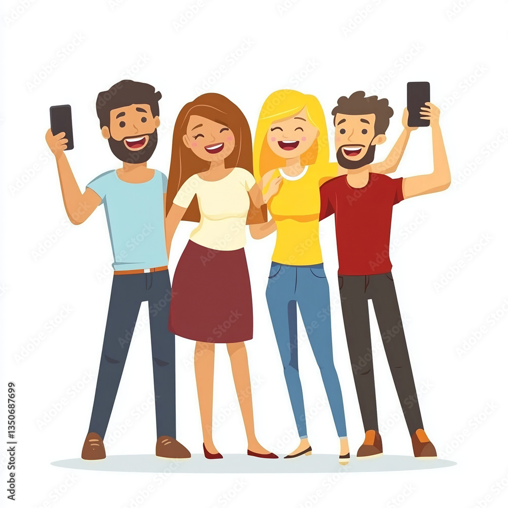 Obraz premium Happy young friends taking a cheerful selfie together using smartphones stylish casual wear fun group media style image