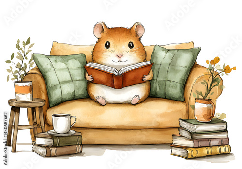 Senior Mouse Reading Book on Vintage Couch