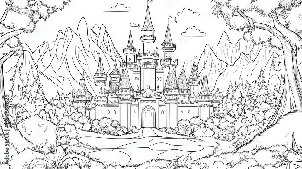 Obraz premium Enchanting castle surrounded by lush forests and mountains, offering a serene landscape for creative endeavors