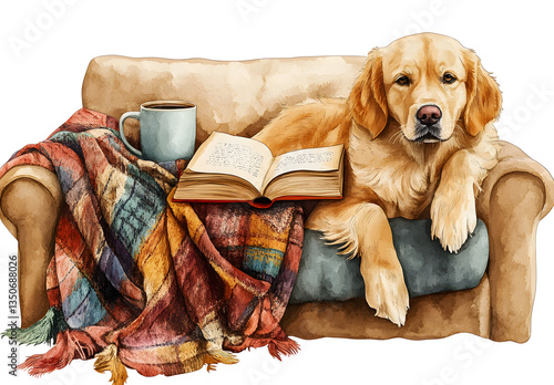 Senior Dog Reading Book on Vintage Couch
