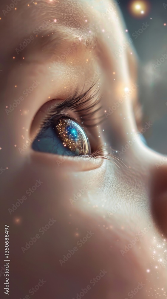 Fototapeta premium Baby's Happy Eyes Reflecting a Brilliant Galaxy Dream