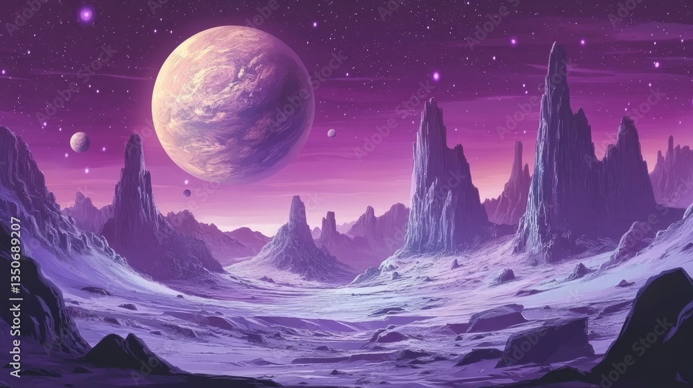 A vibrant alien landscape with towering rock formations under a colorful sky and a massive planet in the background A vibrant alien landscape with towering rock formations under a colorful sky and a massive planet in the background