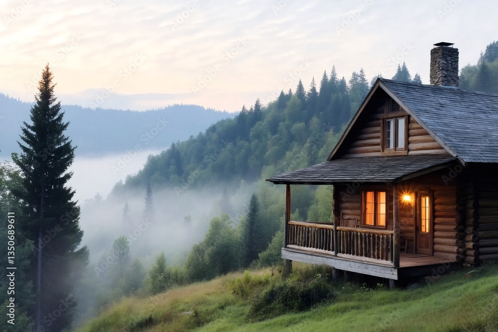 Cozy wooden cabin overlooking misty valley at sunrise in the mountains Cozy wooden cabin overlooking misty valley at sunrise in the mountains