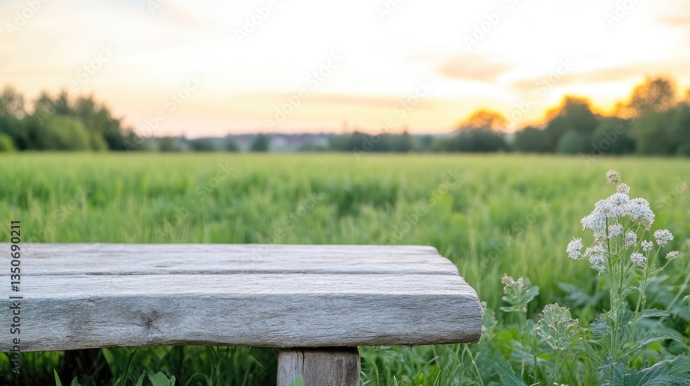 Fototapeta premium Rustic wooden bench atop a grassy field at sunset