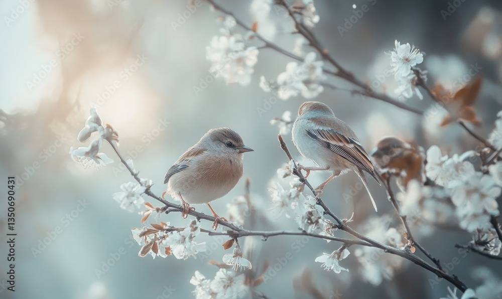 Two small birds are perched on flowering tree branches together Two small birds are perched on flowering tree branches together
