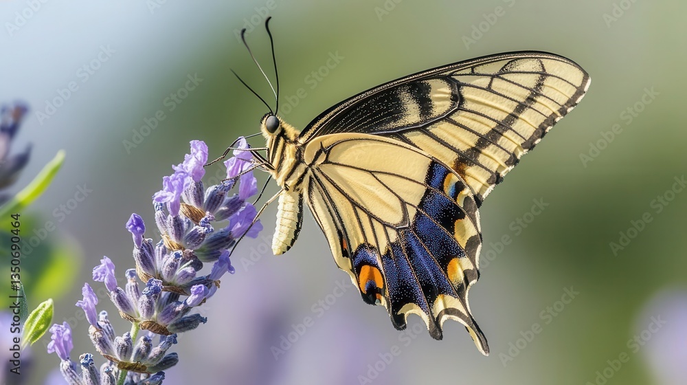 Fototapeta premium Close-Up of a Yellow Butterfly Resting on a Lavender Flower in a Natural Garden Setting