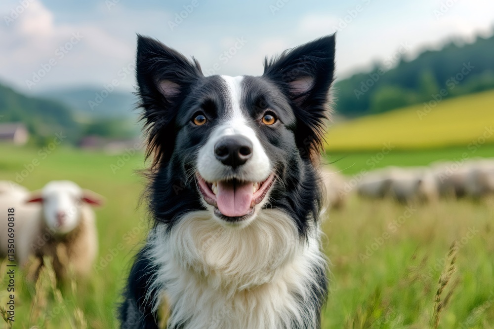 Border collie smiling and watching over sheep in green field Border collie smiling and watching over sheep in green field