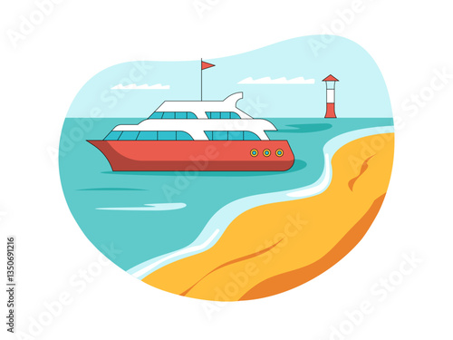 Yacht on beach illustration. Yacht illustration. Flat vector illustration concept.